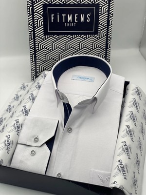 Fitmens Klasik Uzun Kol Keten Cotton Hediye Kutulu Erkek Gömlek FS-001261 - Beyaz Lacivert