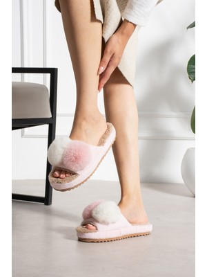 Nmoda Kadın Peluş Ev Terliği Çift Ponponlu Açık Burun Ses Yapmaz Taban Şık Rahat Kışlık Çeyiz Panduf Terlik