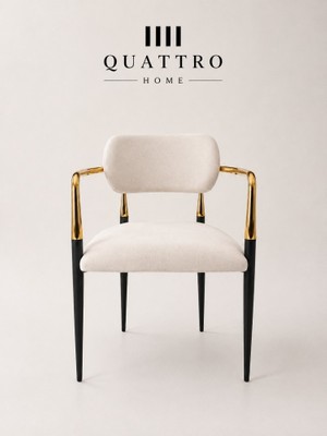 Quattro Home Aurelia Sandalye – Gold Detaylı Siyah Metal Ayaklı Krem Döşemeli Kolçaklı Sandalye