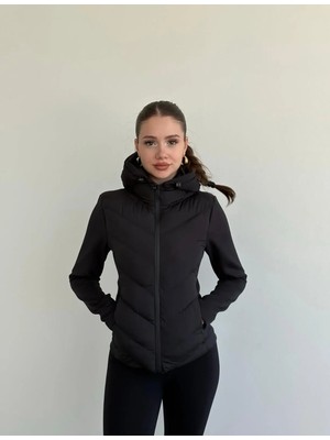 Kadın Softshell Kollu Kapüşonlu Çift Cepli Termal Şişme Mont Luxvestimenta
