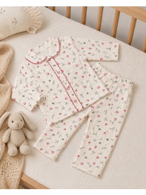Bebek Star Çiçek Desenli Krem Kız Bebek Pijama Takımı %100 Cotton