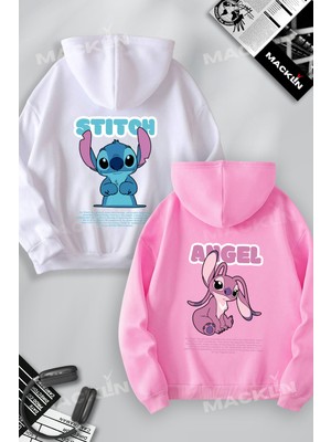 Macklin Sevgili Çift Kombini Sevimli Stitch ve Angel Sırt Baskılı Tasarım Kapüşonlu Sweatshirt 2li Set Takım
