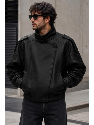 Delpino Oversize Siyah Deri Ceket