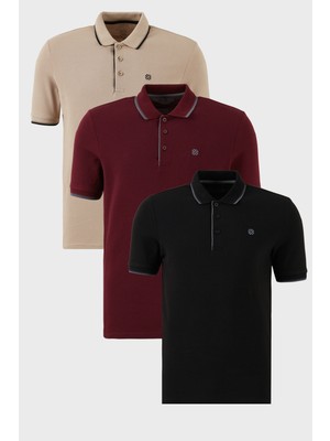 Buratti Pamuklu Slim Fit Şerit Detaylı Düğmeli Polo Yaka 3'lü Paket T Shirt Erkek T Shirt 5902118S3