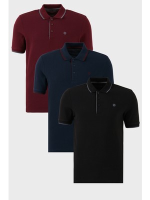 Buratti Pamuklu Slim Fit Şerit Detaylı Düğmeli Polo Yaka 3'lü Paket T Shirt Erkek T Shirt 5902118S3