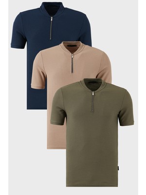 Buratti Pamuklu Regular Fit Yarım Fermuarlı Kolej Yaka 3'lü Paket T Shirt Erkek T Shirt 5902653S3