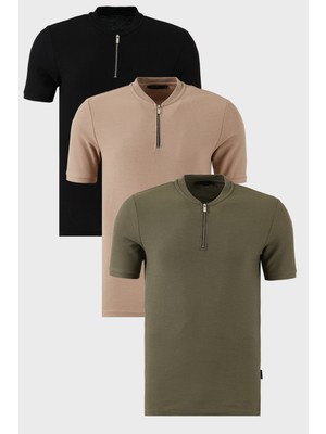 Buratti Pamuklu Regular Fit Yarım Fermuarlı Kolej Yaka 3'lü Paket T Shirt Erkek T Shirt 5902653S3