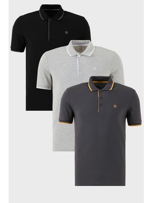 Buratti Pamuklu Slim Fit Şerit Detaylı Düğmeli Polo Yaka 3'lü Paket T Shirt Erkek T Shirt 5902118S3