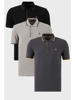 Buratti Pamuklu Slim Fit Şerit Detaylı Düğmeli Polo Yaka 3'lü Paket T Shirt Erkek T Shirt 5902118S3