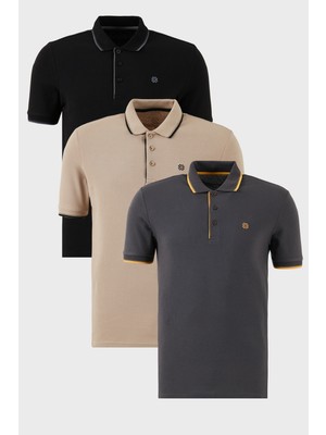 Buratti Pamuklu Slim Fit Şerit Detaylı Düğmeli Polo Yaka 3'lü Paket T Shirt Erkek T Shirt 5902118S3