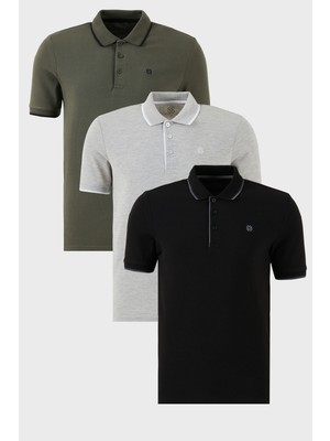 Buratti Pamuklu Slim Fit Şerit Detaylı Düğmeli Polo Yaka 3'lü Paket T Shirt Erkek T Shirt 5902118S3