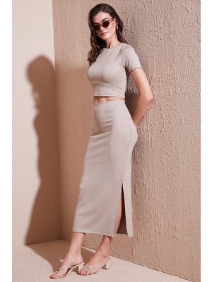 Lela Slim Fit Yırtmaç Detaylı Uzun Etekli Crop Takım Bayan Takım 5866148