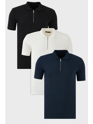 Buratti Pamuklu Regular Fit Yarım Fermuarlı 3'lü Paket Polo Yaka T Shirt Erkek Polo Yaka T Shirt 5902738S3