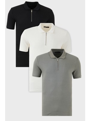 Buratti Pamuklu Regular Fit Yarım Fermuarlı 3'lü Paket Polo Yaka T Shirt Erkek Polo Yaka T Shirt 5902738S3