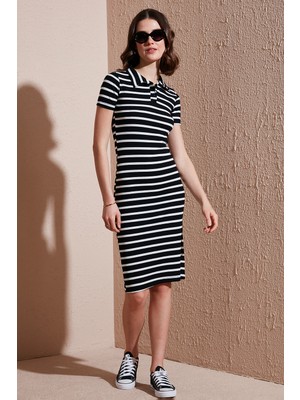 Lela Streç Slim Fit Düğmeli Polo Yaka Kısa Kollu Mini Boy Çizgili Elbise Bayan Elbise 5866167