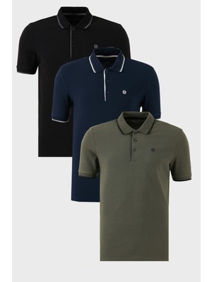 Buratti Pamuklu Slim Fit Şerit Detaylı Düğmeli Polo Yaka 3'lü Paket T Shirt Erkek T Shirt 5902118S3