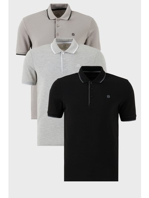 Buratti Pamuklu Slim Fit Şerit Detaylı Düğmeli Polo Yaka 3'lü Paket T Shirt Erkek T Shirt 5902118S3