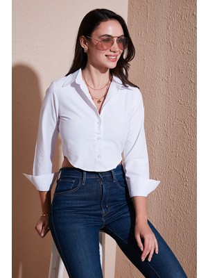 Lela Pamuk Karışımlı Slim Fit Uzun Kollu Crop Gömlek Bayan Gömlek 6777336