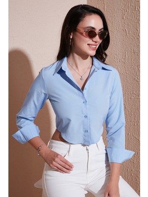 Lela  Pamuk Karışımlı Slim Fit Uzun Kollu Crop Gömlek Bayan Gömlek 6777336