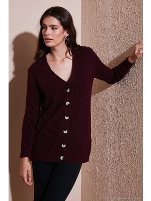 Lela Regular Fit V Yaka Düğmeli Triko Örme Uzun Hırka Bayan Hırka 4615044