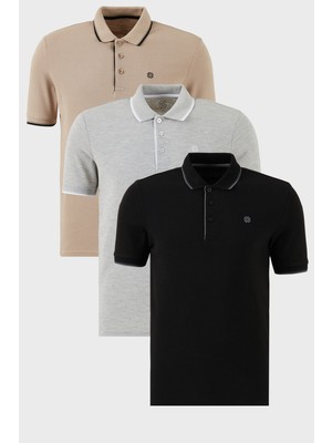 Buratti Pamuklu Slim Fit Şerit Detaylı Düğmeli Polo Yaka 3'lü Paket T Shirt Erkek T Shirt 5902118S3