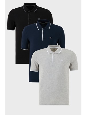 Buratti Pamuklu Slim Fit Şerit Detaylı Düğmeli Polo Yaka 3'lü Paket T Shirt Erkek T Shirt 5902118S3