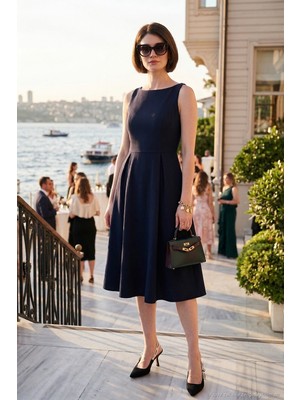 Lela Regular Fit Bisiklet Yaka Cepli Pileli Midi Boy Abiye Elbise Bayan Elbise 6111963