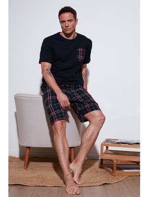 Buratti Kareli Regular Fit Pamuklu Bisiklet Yaka Kısa Kollu Şortlu Pijama Takımı Erkek Pijama Takımı 6572020