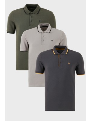 Buratti Pamuklu Slim Fit Şerit Detaylı Düğmeli Polo Yaka 3'lü Paket T Shirt Erkek T Shirt 5902118S3