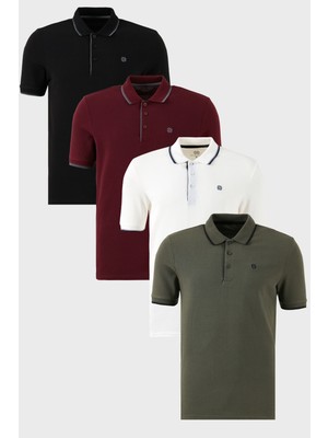 Buratti  Pamuklu Slim Fit Şerit Detaylı Düğmeli Polo Yaka 4'lü Paket T Shirt Erkek T Shirt 5902118S4