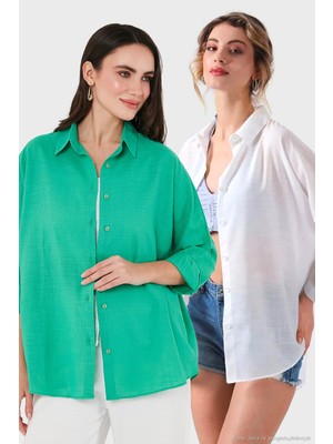 Sd Luxury Pamuk Karışımlı Oversize Fit Uzun Kollu 2'li Paket Gömlek Bayan Gömlek 6781001S2