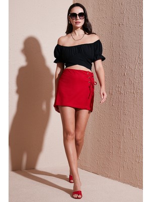 Lela Streç Bağlamalı Slim Fit Yüksek Bel Mini Şort Etek Bayan Şort Etek 5865745