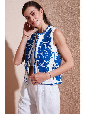 Lela Pamuklu Regular Fit Çiçekli Nakış Işlemeli Yelek Bayan Yelek 676238