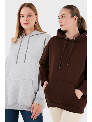 Lela Regular Fit Pamuklu Kapüşonlu Yaka Şardonlu Kışlık 2'li Paket Sweat Bayan Sweat 5863854S2