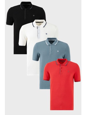 Buratti  Pamuklu Slim Fit Şerit Detaylı Düğmeli Polo Yaka 4'lü Paket T Shirt Erkek T Shirt 5902118S4