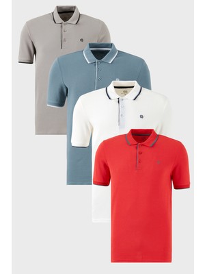 Buratti  Pamuklu Slim Fit Şerit Detaylı Düğmeli Polo Yaka 4'lü Paket T Shirt Erkek T Shirt 5902118S4