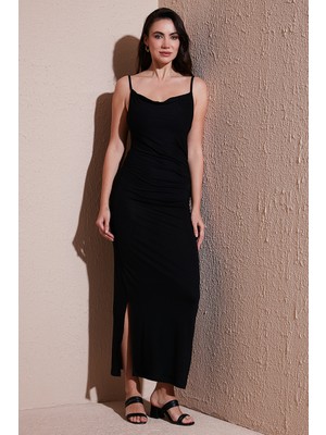 Lela Büzgü Detaylı Slim Fit Yırtmaçlı Uzun Boy Asimetrik Yaka Elbise Bayan Elbise 5866291