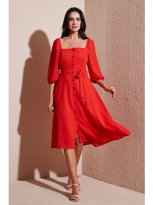 Lela Regular Fit Kare Yaka Düğmeli Midi Boy Elbise Bayan Elbise 67810197