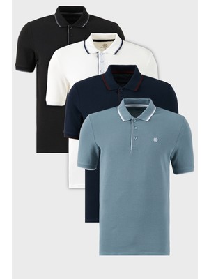 Buratti Pamuklu Slim Fit Şerit Detaylı Düğmeli Polo Yaka 4'lü Paket T Shirt Erkek T Shirt 5902118S4