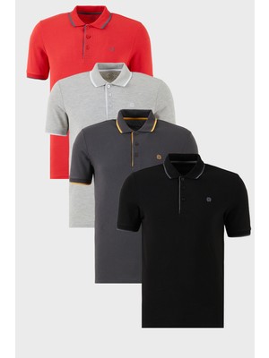 Buratti Pamuklu Slim Fit Şerit Detaylı Düğmeli Polo Yaka 4'lü Paket T Shirt Erkek T Shirt 5902118S4