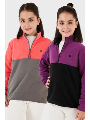 Lela Yumuşak Dokulu Yarım Fermuarlı Renk Bloklu Dik Yaka 2'li Paket Polar Çocuk Polar 5905004S2