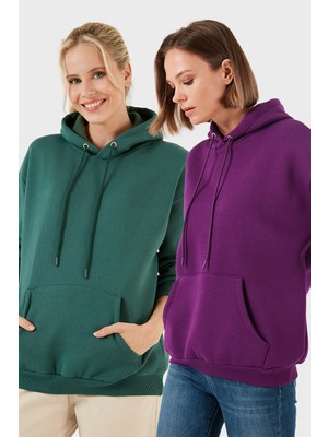 Lela Regular Fit Pamuklu Kapüşonlu Yaka Şardonlu Kışlık 2'li Paket Sweat Bayan Sweat 5863854S2