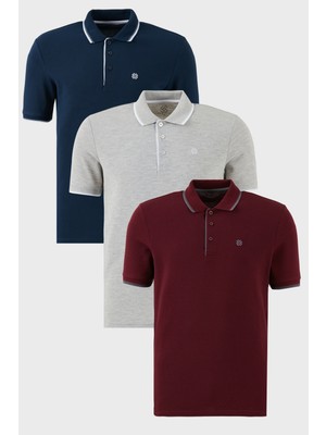 Buratti  Pamuklu Slim Fit Şerit Detaylı Düğmeli Polo Yaka 3'lü Paket T Shirt Erkek T Shirt 5902118S3