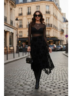 Lela Regular Fit Asimetrik Çiçek Dokulu Fermuarlı Midi Boy Etek Bayan Etek 59137182