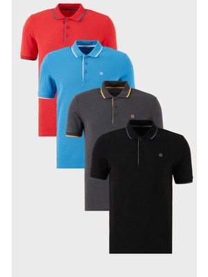 Buratti Pamuklu Slim Fit Şerit Detaylı Düğmeli Polo Yaka 4'lü Paket T Shirt Erkek T Shirt 5902118S4
