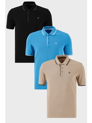 Buratti Pamuklu Slim Fit Şerit Detaylı Düğmeli Polo Yaka 3'lü T Shirt Erkek T Shirt 5902118S3