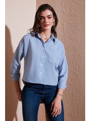 Lela Regular Fit Çizgili Göğüs Cepli Dokulu Gömlek Bayan Gömlek 6772870