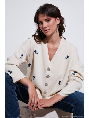 Lela Oversize Fit Desenli V Yaka Triko Hırka Bayan Hırka 4616193
