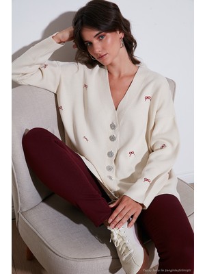 Lela Oversize Fit Desenli V Yaka Triko Hırka Bayan Hırka 4616193