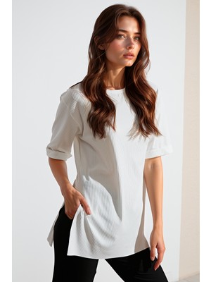 Lela Oversize Bisiklet Yaka Yırtmaç Detaylı Bluz Bayan Bluz 5869000